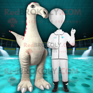 White Brachiosaurus mascot costume character dressed with a One-Piece Swimsuit and Foot pads