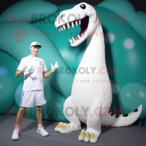 White Brachiosaurus mascot costume character dressed with a One-Piece Swimsuit and Foot pads