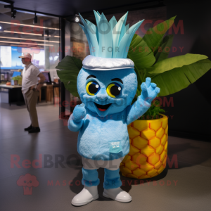 Sky Blue Pineapple mascot costume character dressed with a V-Neck Tee and Caps