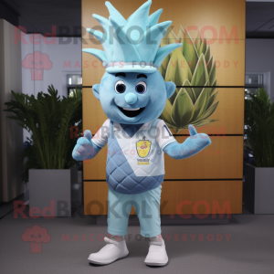 Sky Blue Pineapple mascot costume character dressed with a V-Neck Tee and Caps