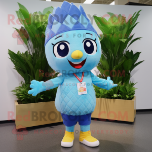 Sky Blue Pineapple mascot costume character dressed with a V-Neck Tee and Caps