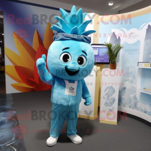 Sky Blue Pineapple mascot costume character dressed with a V-Neck Tee and Caps