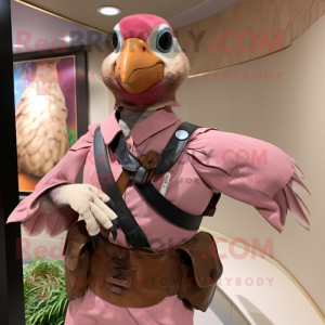 Pink Passenger Pigeon mascot costume character dressed with a Vest and Belts