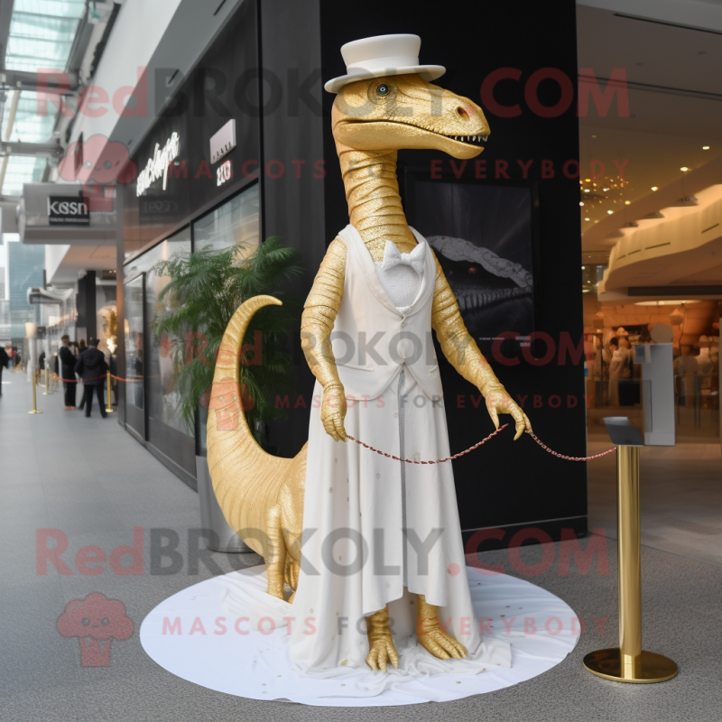 Gold Diplodocus mascot costume character dressed with a Wedding Dress and Hats Gold Diplodocus mascot costume character dressed with a Wedding Dress and Hats