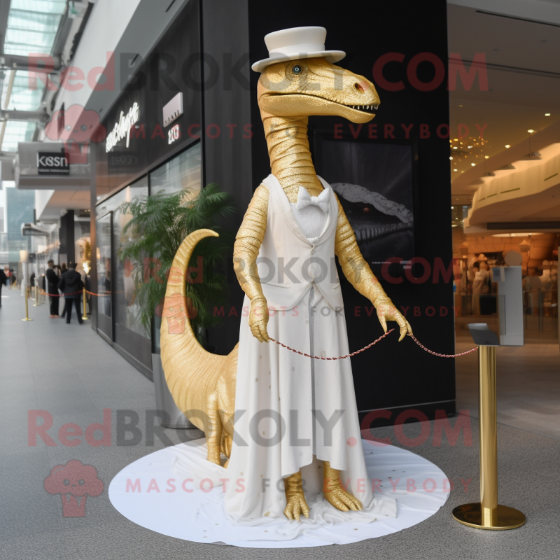 Gold Diplodocus mascot costume character dressed with a Wedding Dress and Hats