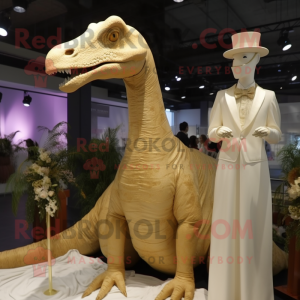 Gold Diplodocus mascot costume character dressed with a Wedding Dress and Hats
