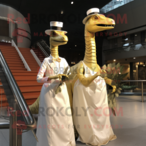 Gold Diplodocus mascot costume character dressed with a Wedding Dress and Hats