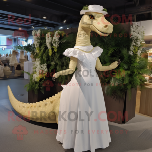 Gold Diplodocus mascot costume character dressed with a Wedding Dress and Hats