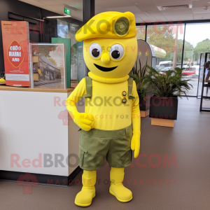 Lemon Yellow Commando mascot costume character dressed with a A-Line Skirt and Beanies