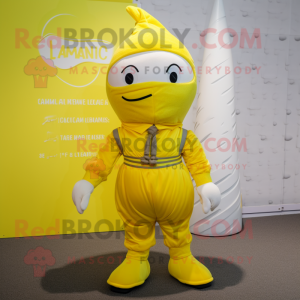 Lemon Yellow Commando mascot costume character dressed with a A-Line Skirt and Beanies