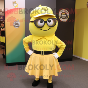 Lemon Yellow Commando mascot costume character dressed with a A-Line Skirt and Beanies