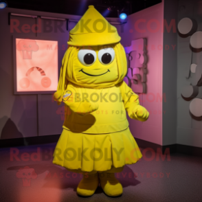 Lemon Yellow Commando mascot costume character dressed with a A-Line Skirt and Beanies