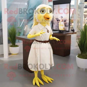 White Canary mascot costume character dressed with a Wrap Dress and Suspenders