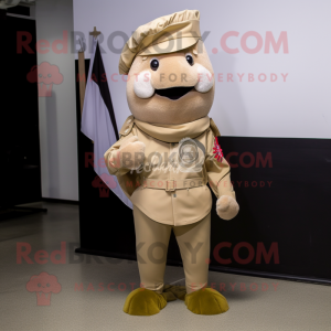 Beige Soldier mascot costume character dressed with a Capri Pants and Shawl pins