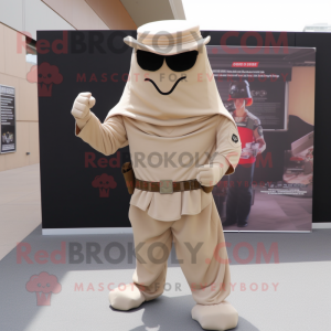 Beige Soldier mascot costume character dressed with a Capri Pants and Shawl pins