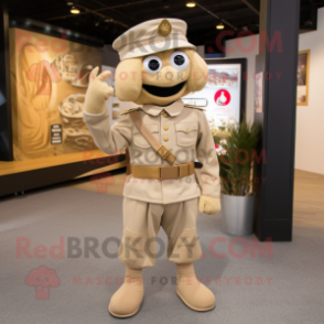 Beige Soldier mascot costume character dressed with a Capri Pants and Shawl pins