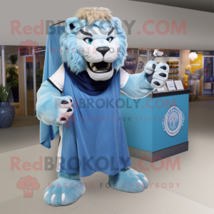 Blue Smilodon mascot costume character dressed with a Wrap Skirt and Brooches