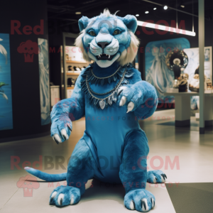 Blue Smilodon mascot costume character dressed with a Wrap Skirt and Brooches