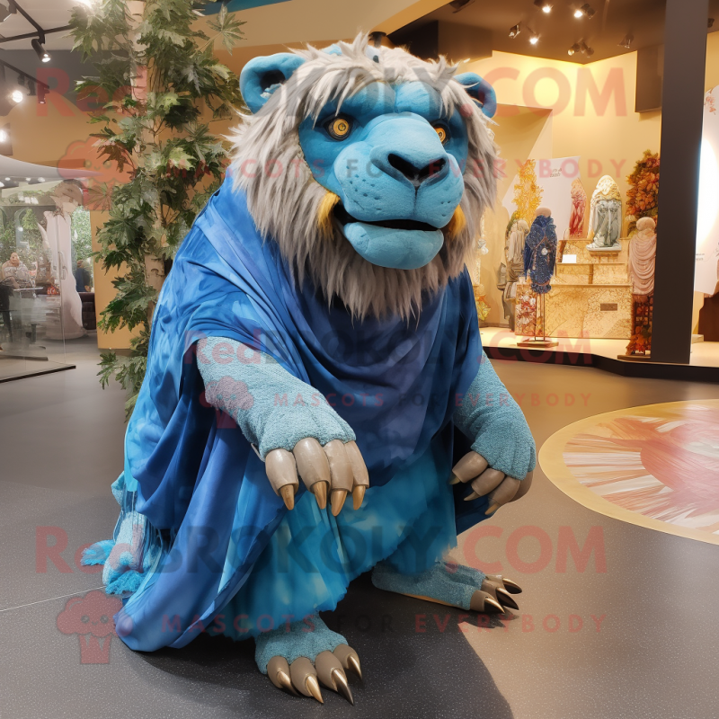 Blue Smilodon mascot costume character dressed with a Wrap Skirt and Brooches Blue Smilodon mascot costume character dressed with a Wrap Skirt and Brooches