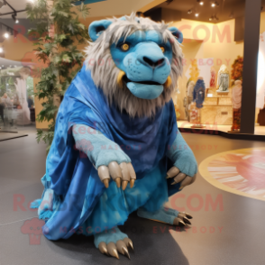 Blue Smilodon mascot costume character dressed with a Wrap Skirt and Brooches