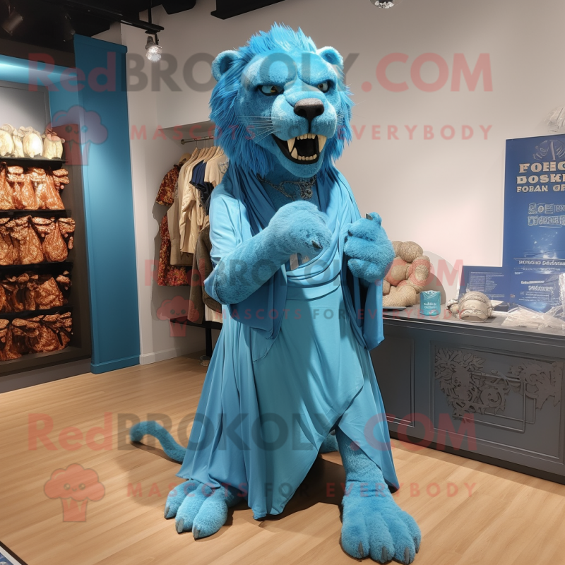 Blue Smilodon mascot costume character dressed with a Wrap Skirt and Brooches