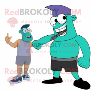 Teal Knife Thrower mascot costume character dressed with a Tank Top and Shoe clips