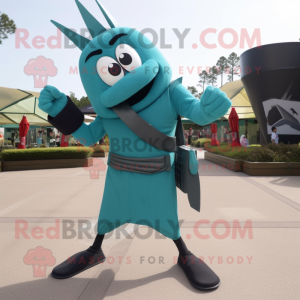 Teal Knife Thrower mascot costume character dressed with a Tank Top and Shoe clips