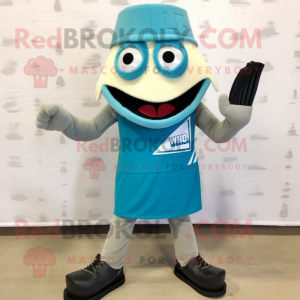 Teal Knife Thrower mascot costume character dressed with a Tank Top and Shoe clips