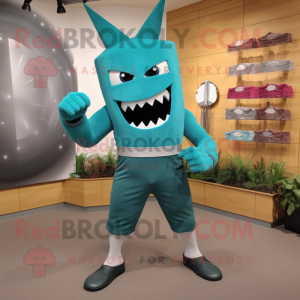 Teal Knife Thrower mascot costume character dressed with a Tank Top and Shoe clips