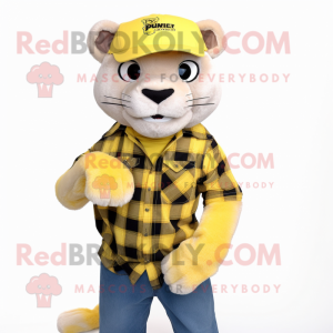 Lemon Yellow Puma mascot costume character dressed with a Flannel Shirt and Wraps
