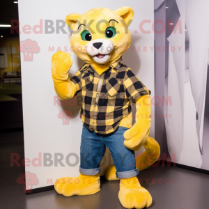 Lemon Yellow Puma mascot costume character dressed with a Flannel Shirt and Wraps