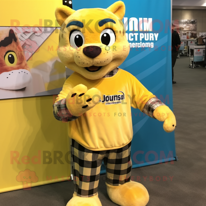 Lemon Yellow Puma mascot costume character dressed with a Flannel Shirt and Wraps