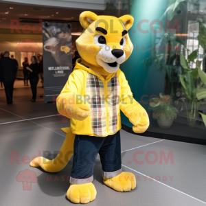 Lemon Yellow Puma mascot costume character dressed with a Flannel Shirt and Wraps