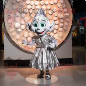 Silver Elf mascot costume character dressed with a Skirt and Coin purses