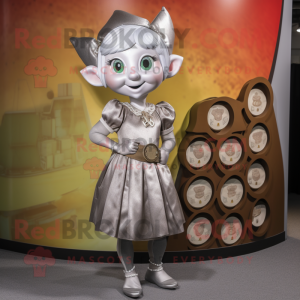 Silver Elf mascot costume character dressed with a Skirt and Coin purses