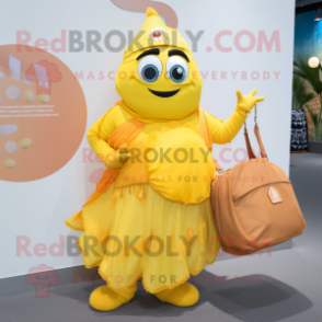 Lemon Yellow Tikka Masala mascot costume character dressed with a Maxi Skirt and Messenger bags