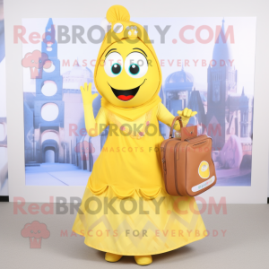 Lemon Yellow Tikka Masala mascot costume character dressed with a Maxi Skirt and Messenger bags