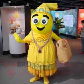 Lemon Yellow Tikka Masala mascot costume character dressed with a Maxi Skirt and Messenger bags