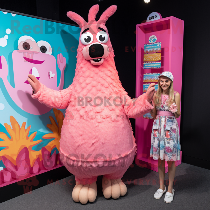 Pink Llama mascot costume character dressed with a Maxi Dress and Watches Pink Llama mascot costume character dressed with a Maxi Dress and Watches