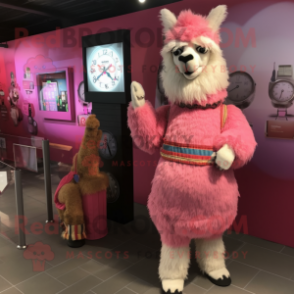 Pink Llama mascot costume character dressed with a Maxi Dress and Watches