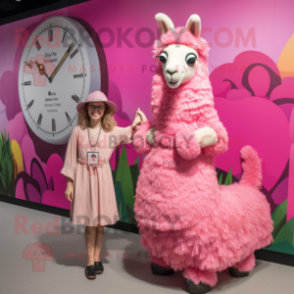 Pink Llama mascot costume character dressed with a Maxi Dress and Watches