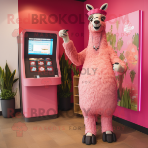 Pink Llama mascot costume character dressed with a Maxi Dress and Watches