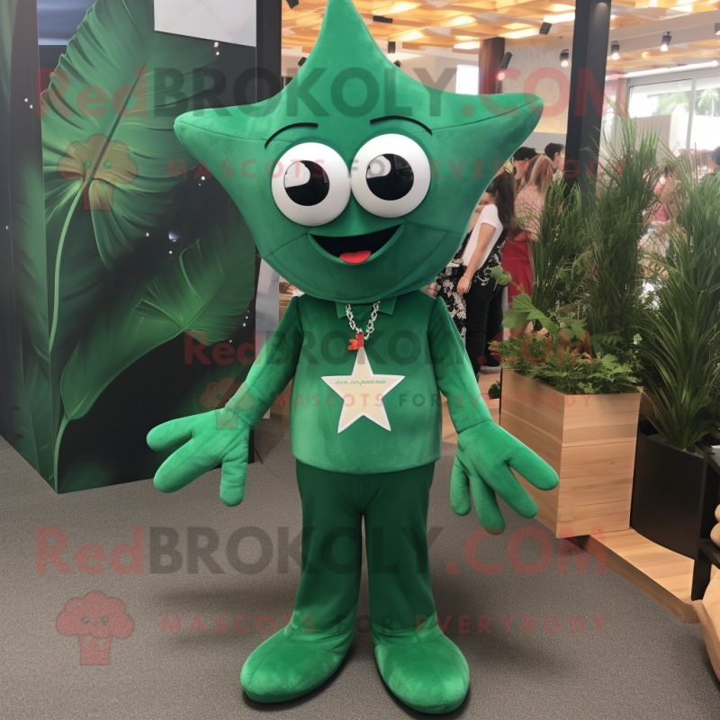 Forest Green Starfish mascot costume character dressed with a Polo Tee and Necklaces