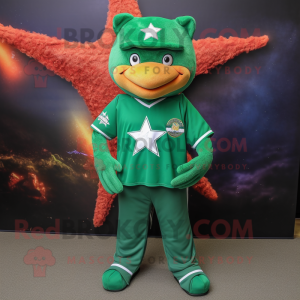 Forest Green Starfish mascot costume character dressed with a Polo Tee and Necklaces