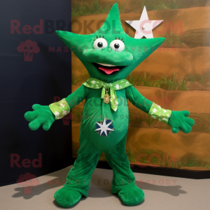 Forest Green Starfish mascot costume character dressed with a Polo Tee and Necklaces