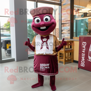 Maroon Biryani mascot costume character dressed with a Graphic Tee and Bow ties