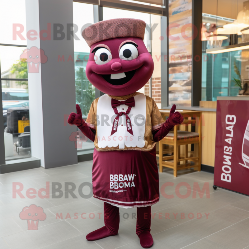 Maroon Biryani mascot costume character dressed with a Graphic Tee and Bow ties