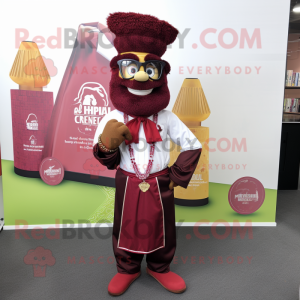 Maroon Biryani mascot costume character dressed with a Graphic Tee and Bow ties