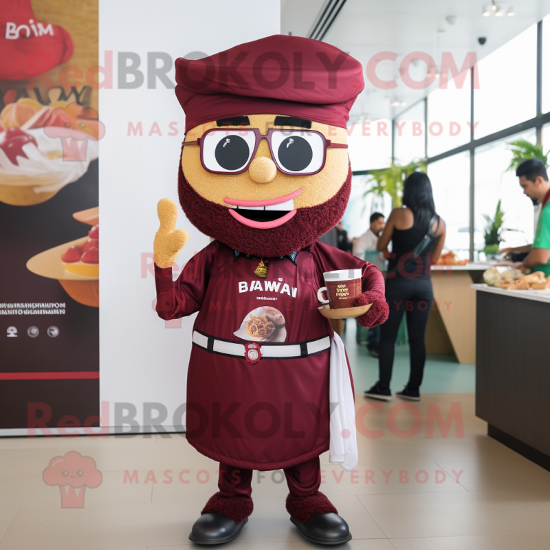 Maroon Biryani mascot costume character dressed with a Graphic Tee and Bow ties