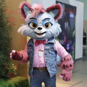 Pink Raccoon mascot costume character dressed with a Denim Shirt and Bow ties